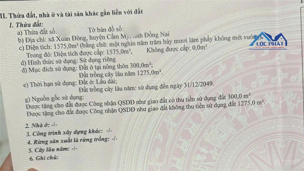 Bán đất đẹp xuân đông cẩm mỹ, đồng nai diện tích 1575m2 có 300m2 thổ cư chỉ 3 tỷ  0933 725 ***