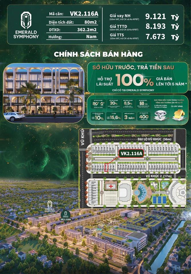 Cần bán căn lk 80m²  emerald symphony  hướng nam  tặng vườn rộng rãi  dễ kinh doanh buôn bán