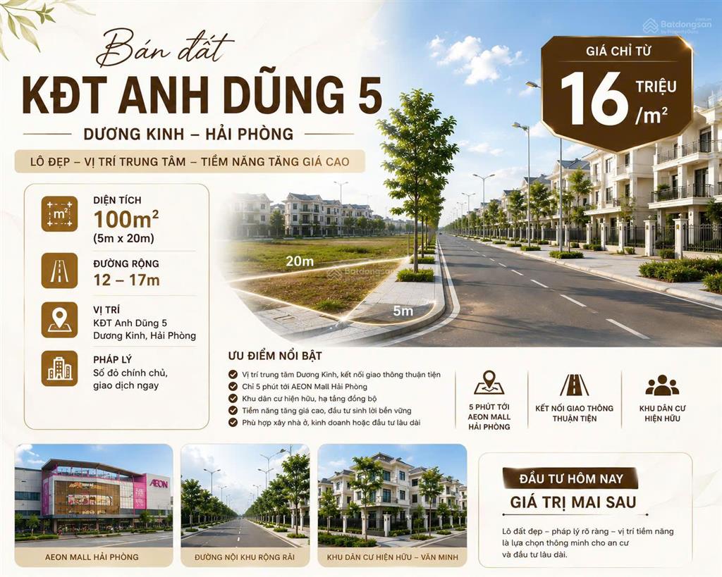Cần bán lô đất đẹp tại khu đô thị anh dũng 5 diện tích 100m² với mức giá chỉ từ 16 triệu/m²