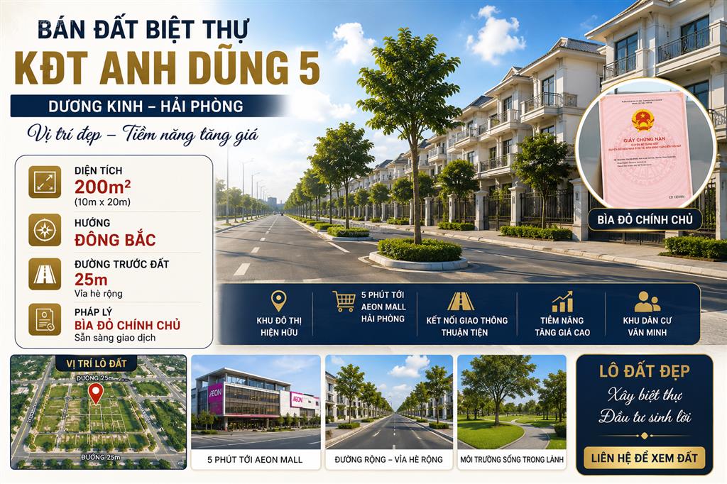 Bán đất biệt thự kđt anh dũng 5  200m²  bìa đỏ chính chủ