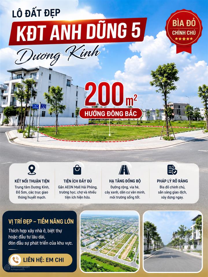 Lô đất đẹp 200m tại kđt anh dũng 5 dương kinh  bìa đỏ chính chủ