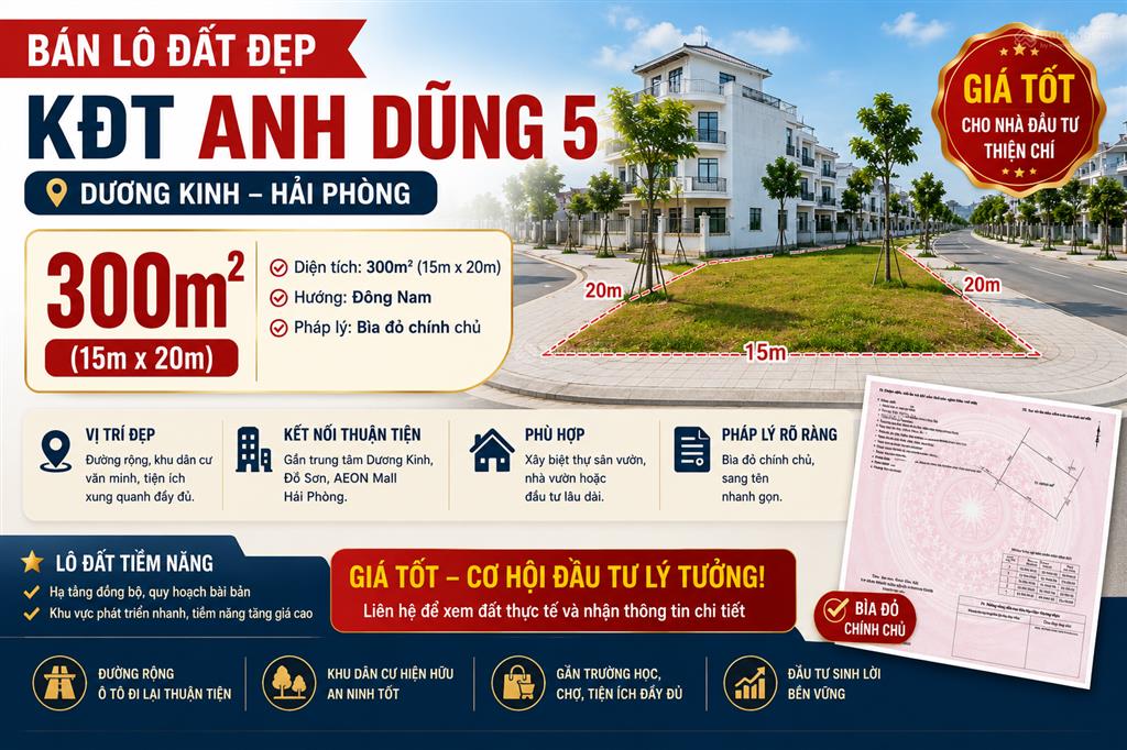 Hàng hiếm  bán lô đất 300m kđt anh dũng 5 dương kinh, hải phòng | giá tốt