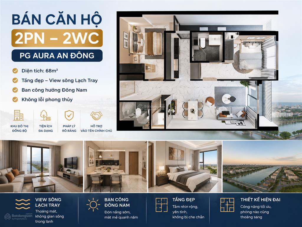 Cần chuyển nhượng căn hộ 2 phòng ngủ  2 vệ sinh tại pg aura an đồng, tầng đẹp, view sông lạch tray