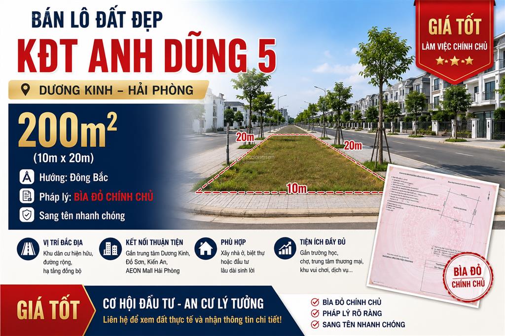 Bán lô đất 200m kđt anh dũng 5  dương kinh | bìa đỏ chính chủ  giá tốt