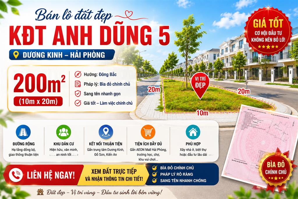 Cần tiền bán gấp lô đất bt 200m2 kđt anh dũng 5, dương kinh, hải phòng
