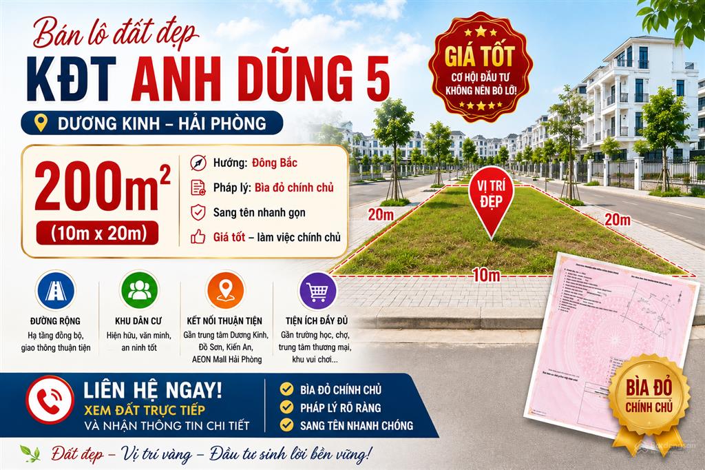 Bán lô đất 200m kđt anh dũng 5, dương kinh | giá tốt
