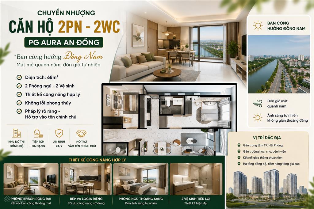 Cơ hội sở hữu căn 2pn 2wc ban công đông nam tại pg aura an đồng