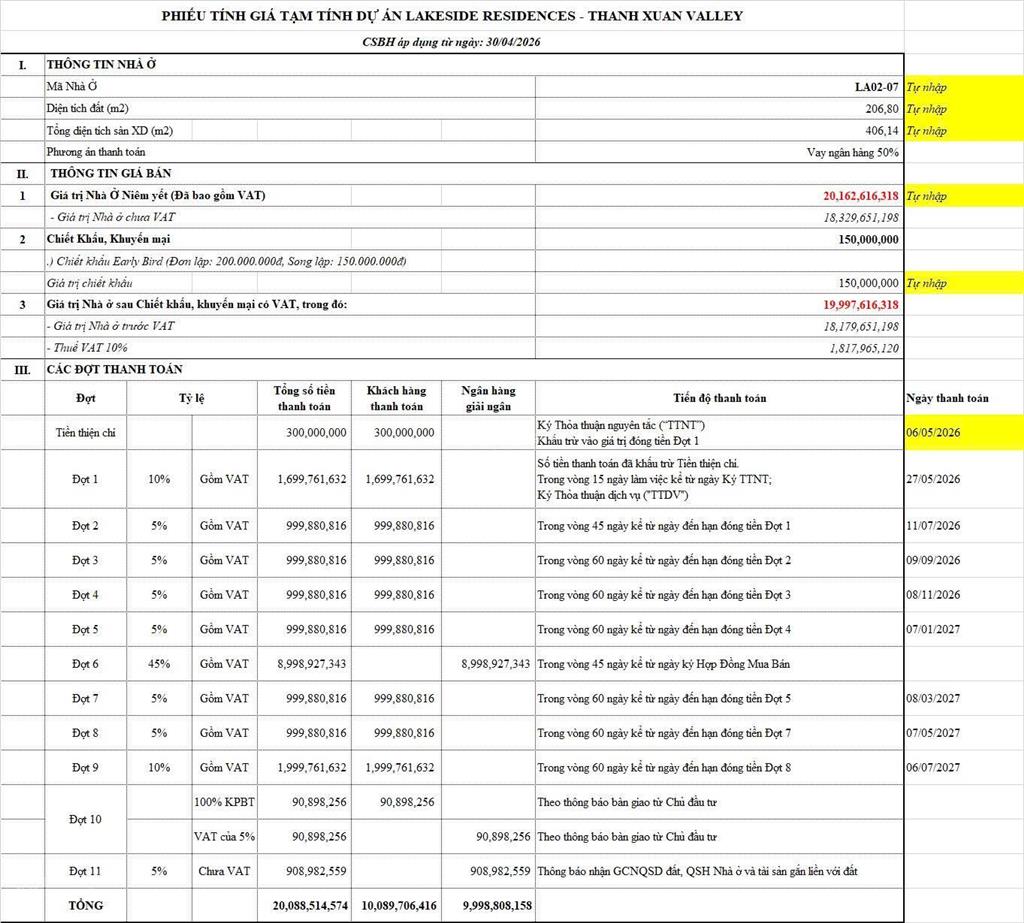 Căn song lập vị trí chiến lược giá tốt nhất lakeside residences thanh toán nhanh ~ 208m, 16,8 tỷ
