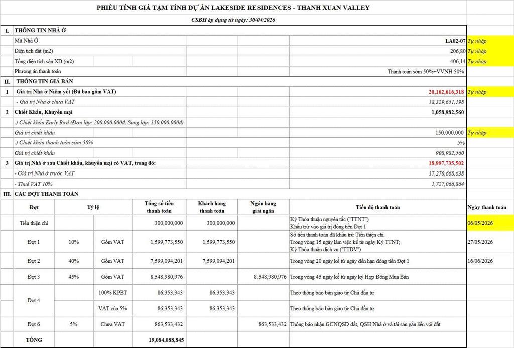 Căn song lập vị trí chiến lược giá tốt nhất lakeside residences thanh toán nhanh ~ 208m, 16,8 tỷ