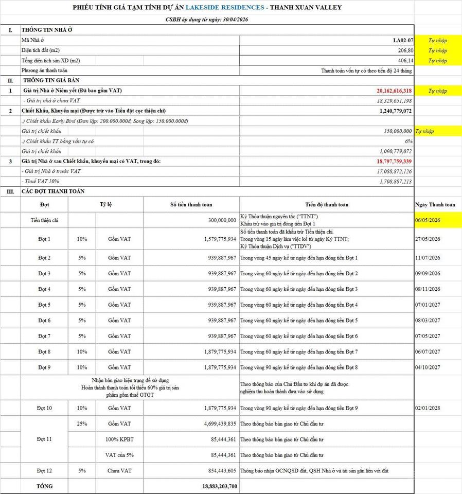 Căn song lập vị trí chiến lược giá tốt nhất lakeside residences thanh toán nhanh ~ 208m, 16,8 tỷ