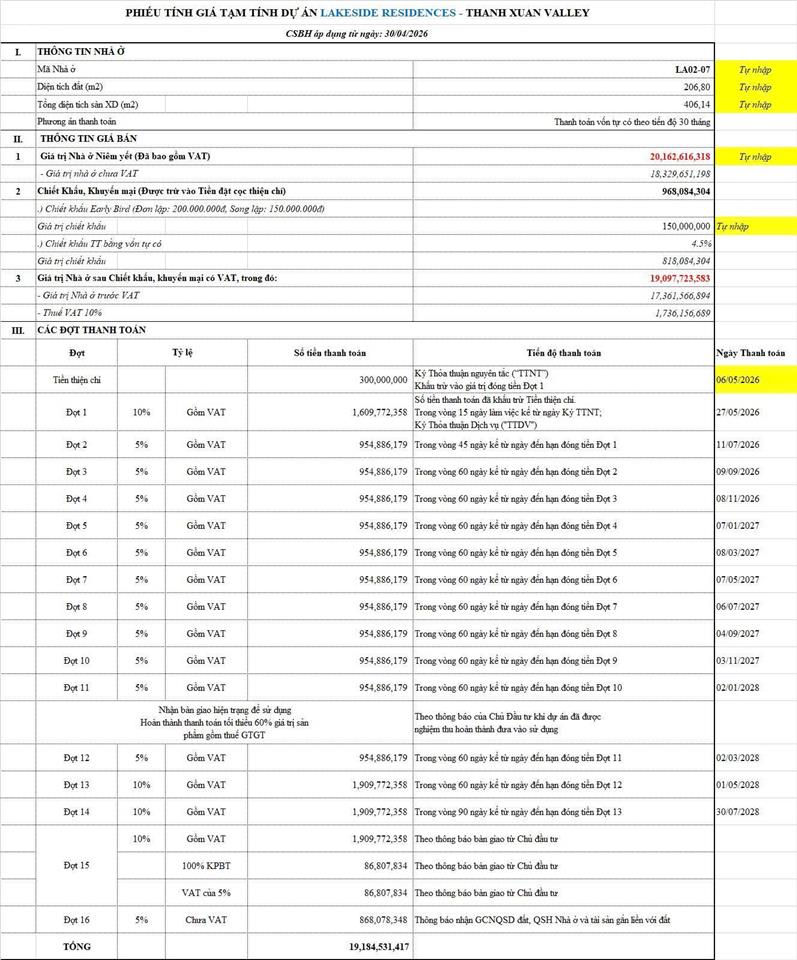 Căn song lập vị trí chiến lược giá tốt nhất lakeside residences thanh toán nhanh ~ 208m, 16,8 tỷ