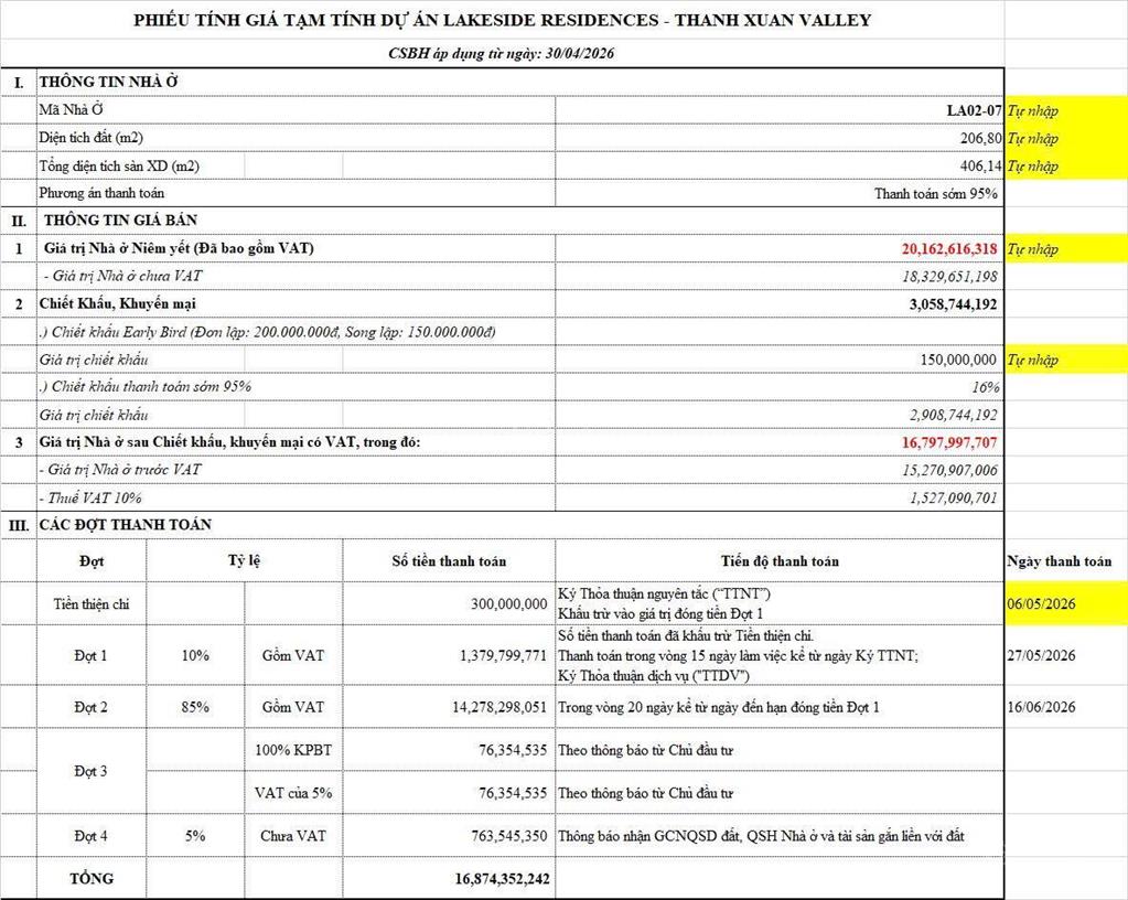 Căn song lập vị trí chiến lược giá tốt nhất lakeside residences thanh toán nhanh ~ 208m, 16,8 tỷ