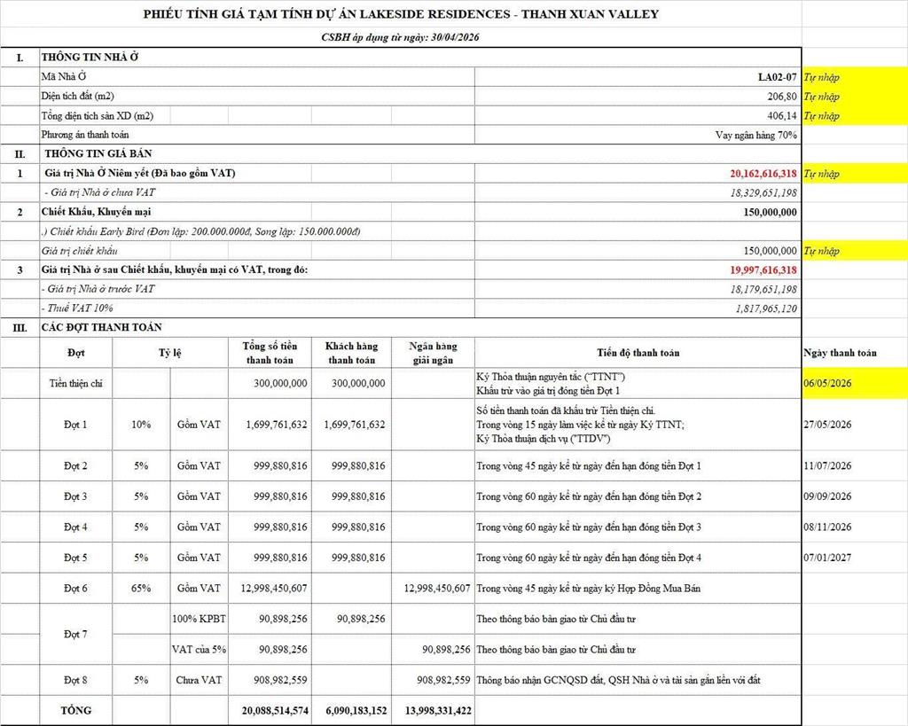 Căn song lập vị trí chiến lược giá tốt nhất lakeside residences thanh toán nhanh ~ 208m, 16,8 tỷ
