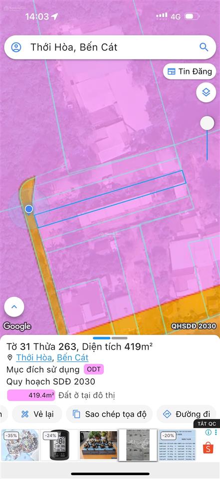 Bán đất phường thới hòa bến cát giáp mỹ phước. diện tích 6x69 (419m2) thổ cư 300m2. giá rẻ đầu tư