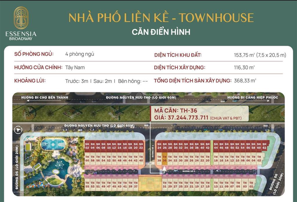 Cđt bán biệt thự liền kề dự án essensia broadway, mặt tiền nguyễn hữu thọ, trung tâm nam sài gòn