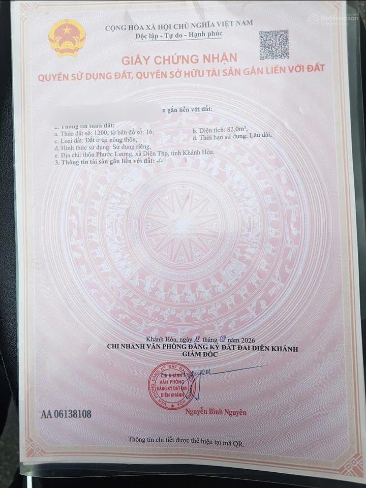 650 triệu cho lô đất dân full thổ cư sau lưng ủy ban xã diên thọ, gần cụm kcn vcn, sổ hồng