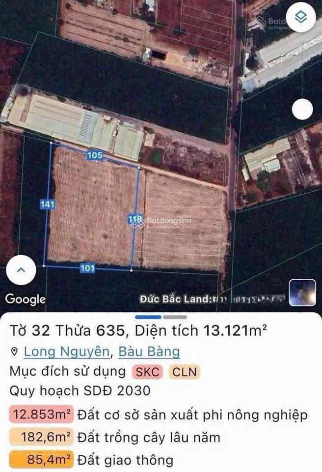 Bán đất skc 50 năm tại xã long nguyên, huyện bàu bàng, bình dương, 34 tỷ, 13200m2, skc 12000m2