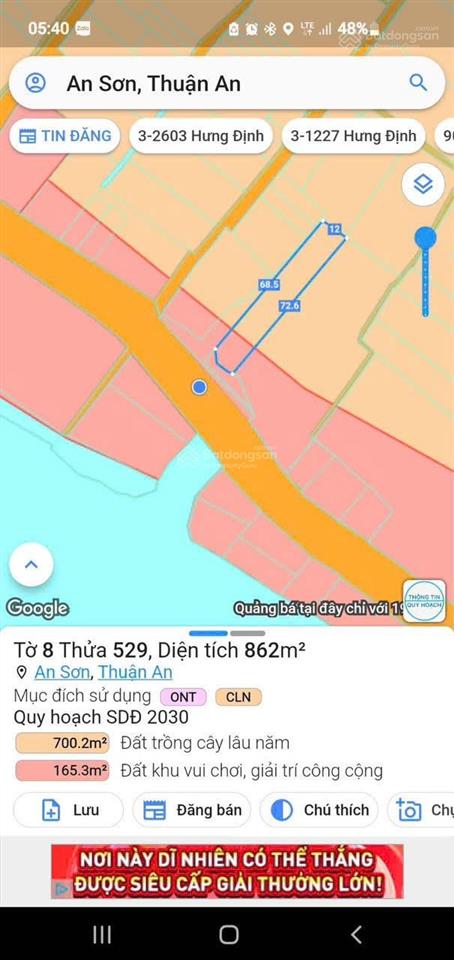 Bán đất 862m2, giá 18 triệu/m2 tại đê bao sông sài gòn, an sơn, thuận an, bình dương