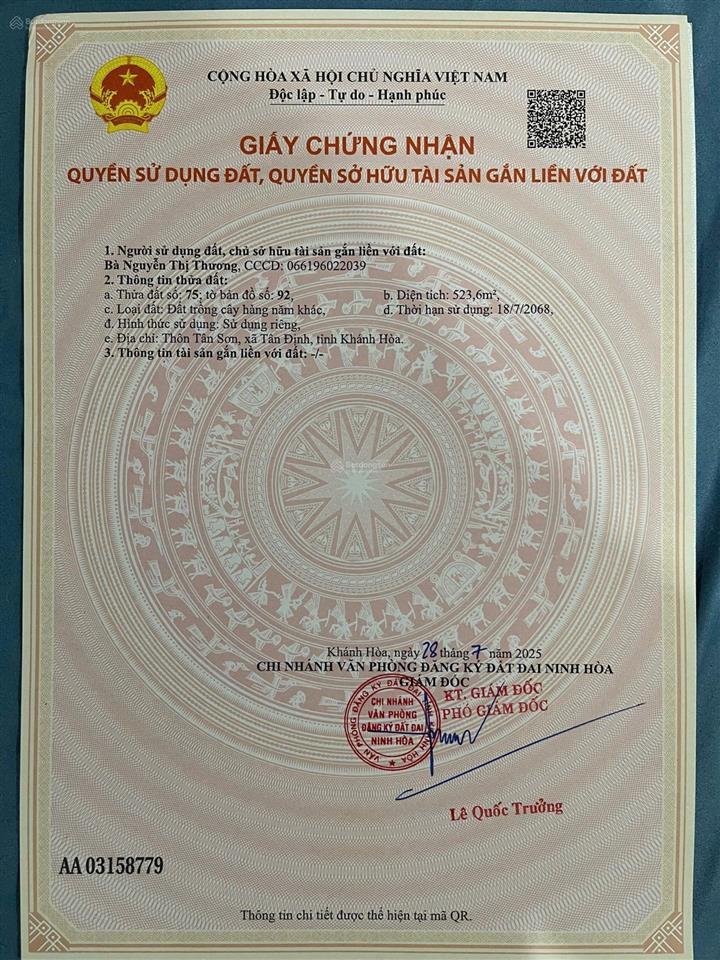 Bán đất tại xã ninh xuân, ninh hòa, khánh hòa, giá ưu đãi 130tr  523.6m2. sổ hồng đầy đủ
