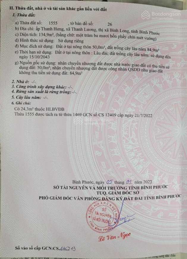 Bán đất ấp thanh hưng, xã thanh lương, bình long, bình phước