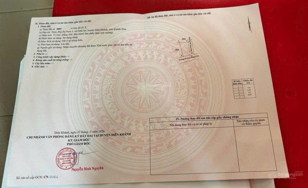 Bán đất diên an . diên khánh . cạnh kđt phú ân nam. lô góc đường 5m . 75,5m thổ cư giá 1ty680