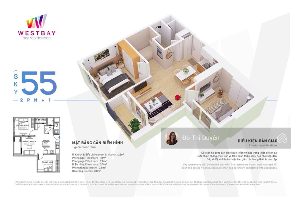 Bán 2 p ngủ 1 vệ sinh, 55m2 sử dụng  tháp b, chung cư westbay ecopark  view hồ, nhà phố