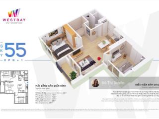 Bán 2 p ngủ 1 vệ sinh, 55m2 sử dụng  tháp b, chung cư westbay ecopark  view hồ, nhà phố
