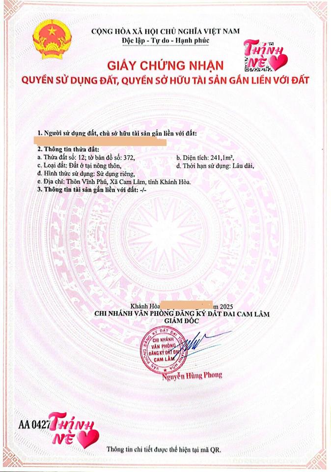 Giá đầu tư 1 tỷ 700 triệu 241m2 full thổ, sổ riêng 2 lô, tại suối tân,  0333 039 ***