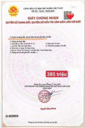 Giá đầu tư 385 triệu, đất thổ cư tại suối cát.  0333 039 ***