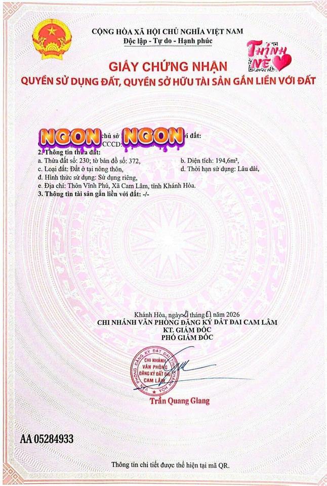 Giá ngợp bank 1tỷ350 gần khu công nghiệp suối tân, cam lâm.  0333 039 ***