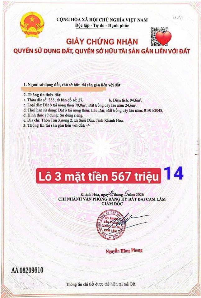 Sót  lô góc 3 mặt tiền suối cát  70m² full thổ  400tr  0333 039 ***