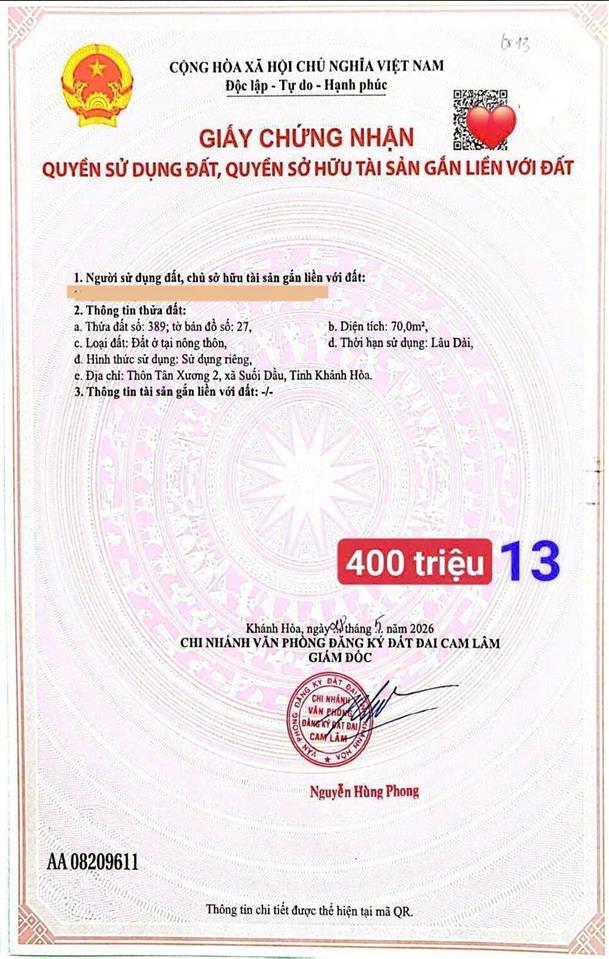 Sót  lô góc 3 mặt tiền suối cát  70m² full thổ  400tr  0333 039 ***