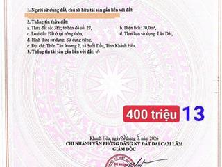 Sót  lô góc 3 mặt tiền suối cát  70m² full thổ  400tr  0333 039 ***