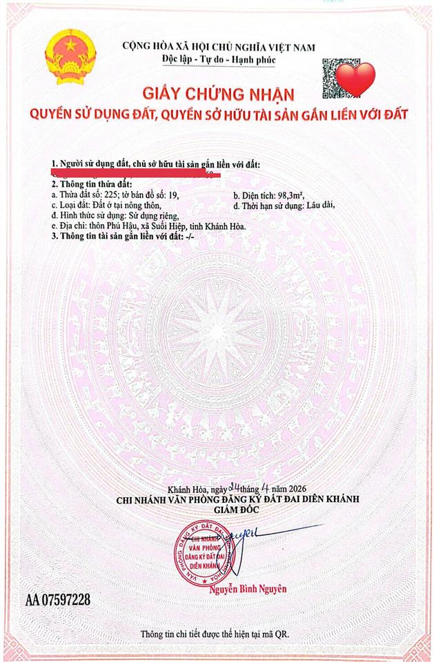 Đất suối hiệp gần kđt diên thạnh  98m² full thổ  1,1 tỷ   0333 039 ***