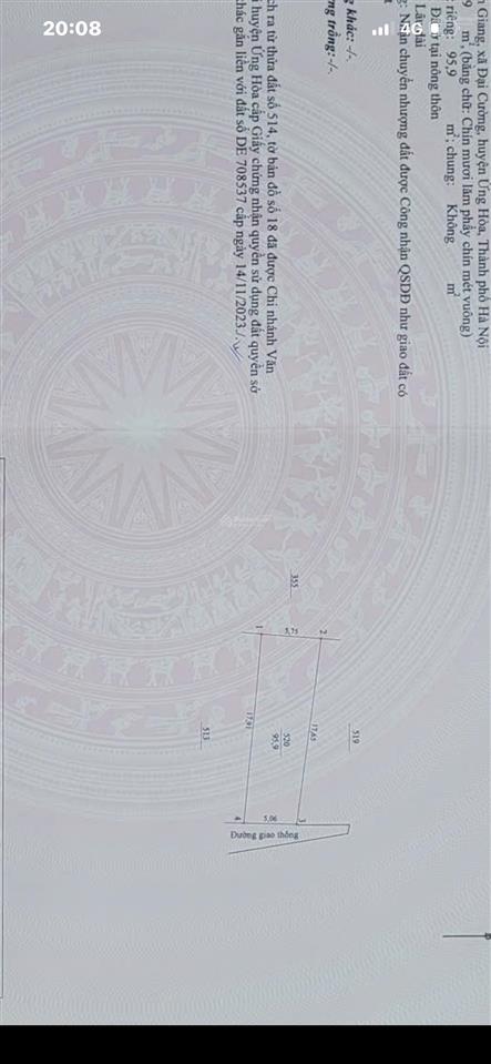 Bán mảnh đất 96m2 tại kim giang đại cường ứng hoà hà nội. đường ô tô