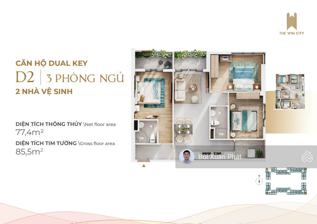 Bán căn dual key 3pn 2wc the win city, giá cực sốc 2,9 tỷ, 85,50m2, full nội thất + 2 năm pql