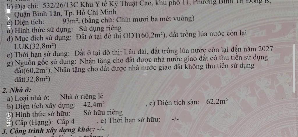 Bán đất mặt tiền kinh doanh đường rạch bà tiếng, giáp khu tên lửa, dt 4*23m