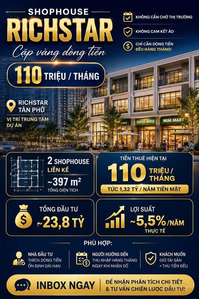 Bán nhanh cặp shophouse khối đế căn hộ richstar tân phú, tổng 397m2 2 tầng có hdt kinhfood 110tr/th