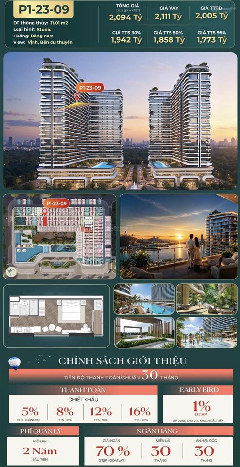 Căn hộ studio 23  09 diện tích 31m2 view vịnh hướng đông nam dự án prima bay hạ long 1.9 tỷ