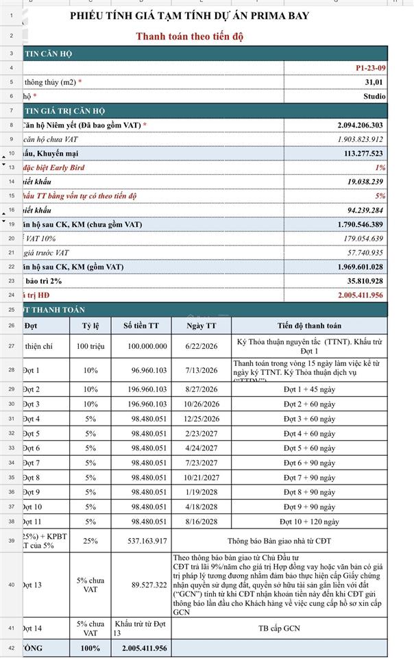 Căn hộ studio 23  09 diện tích 31m2 view vịnh hướng đông nam dự án prima bay hạ long 1.9 tỷ