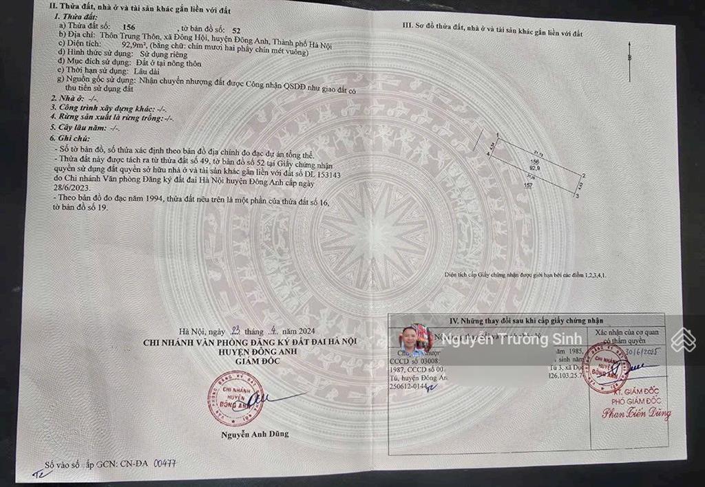 Chính chủ nhờ bán đất trung thôn đông hội hà nội 93m2 thông ô tô chỉ 11.65 tỷ