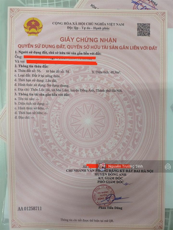 Bán gấp 48.9 m2 mt 4m chỉ 5,1 tỷ trục chính lộc hà (mai lâm) đông anh