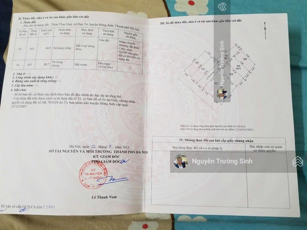 Bán lô đất đẹp thôn thạc quả  x. dục tú  đông anh  hn. dt 40m2. ô tô đỗ cửa