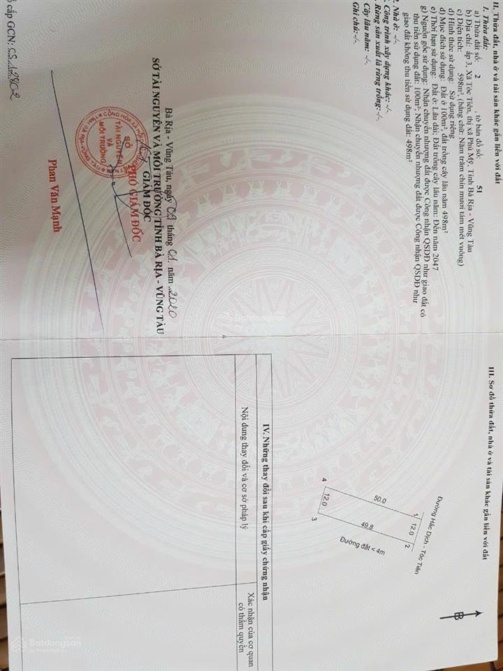 Lô góc 2 mt hắc dịch tóc tiên 12x50m 600m2 giá 5,4 tỷ