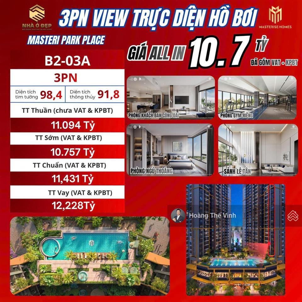 Độc quyền ngoại giao bán căn 2pn view nội khu hồ bơi giá 9 tỷ 741 masteri park place