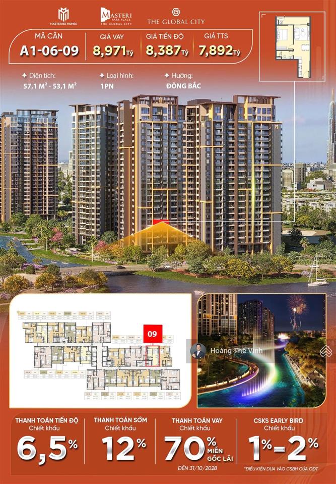 Căn 1 phòng ngủ view sông hiếm còn sót lại giá chủ đầu tư không phí dịch vụ  gấp 0932 778 ***