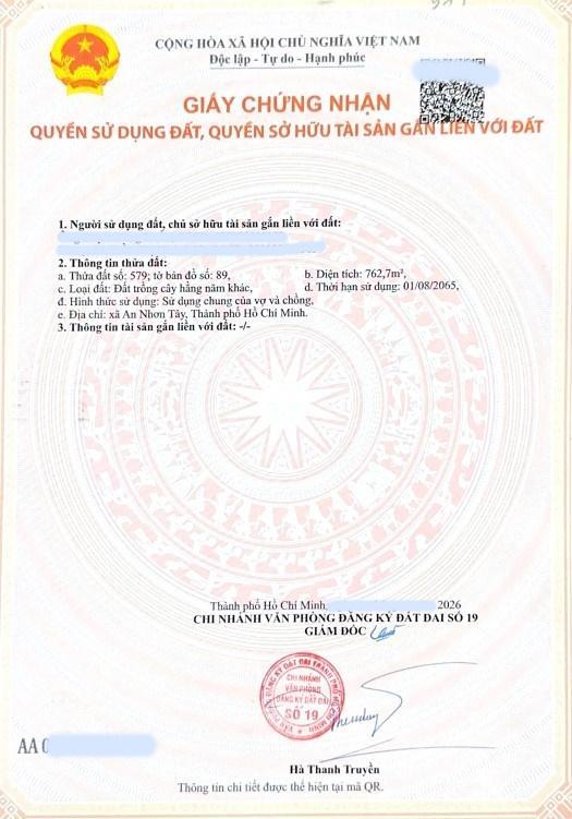 Bán đất khu dân cư, đường nguyễn thị chiếu, an phú, củ chi dt 12x62m, cn 762m2, giá 1,8 tỷ