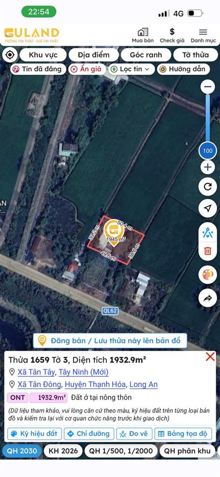 Cần bán 12000m² đất mặt tiền quốc lộ 62 đối diện lâm viên thanh niên có 2000m thổ giá 43 tỷ