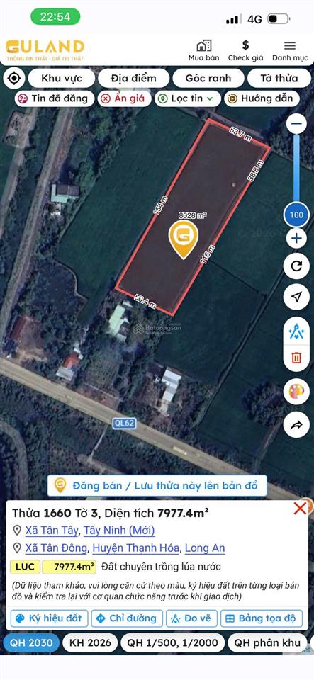 Cần bán 12000m² đất mặt tiền quốc lộ 62 đối diện lâm viên thanh niên có 2000m thổ giá 43 tỷ