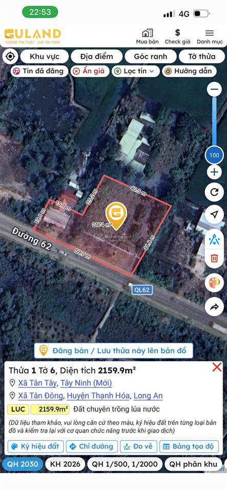 Cần bán 12000m² đất mặt tiền quốc lộ 62 đối diện lâm viên thanh niên có 2000m thổ giá 43 tỷ
